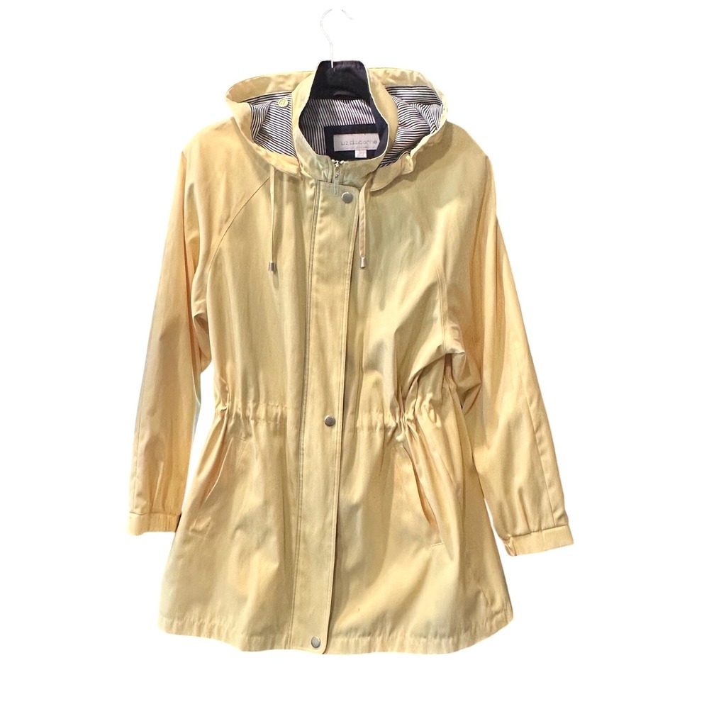 Liz Claiborne Yellow Hooded Raincoat Striped Lining Cinched Waist Jacket Large